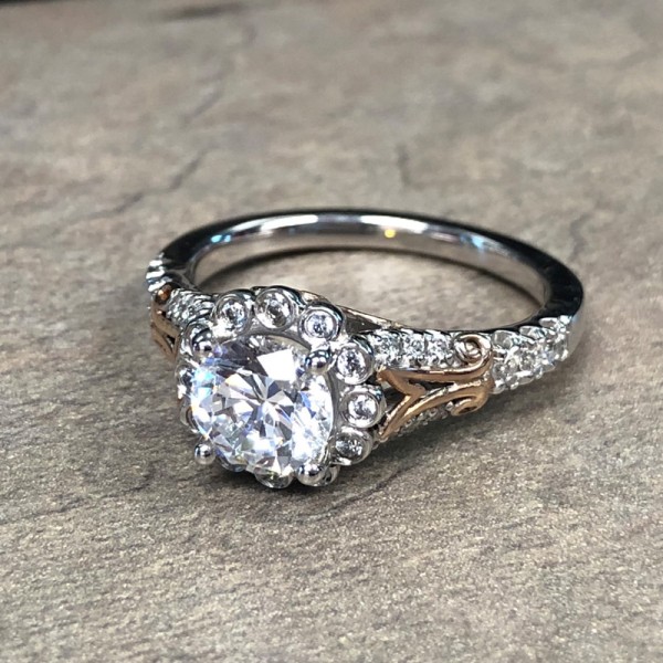 14K Two Tone Floral Halo Engagement Ring